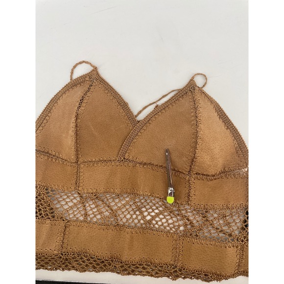 Western Boho Halter Top Womens Medium Tan Leather Crochet Lace Up Back Festival - Picture 8 of 9